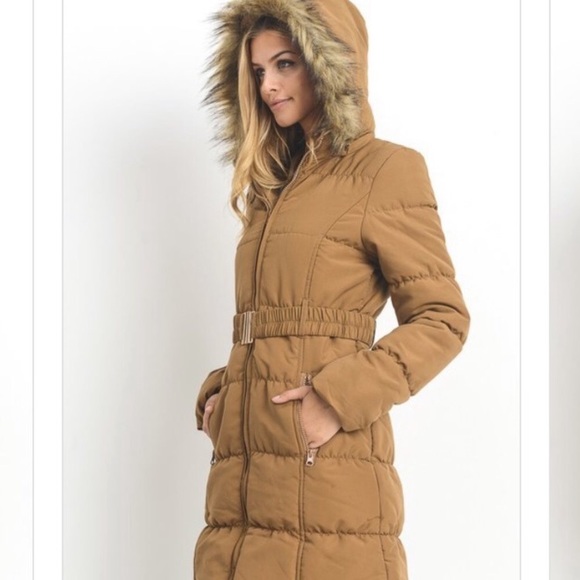 Long Olive Green Hooded Puffer Faux Fur Belted Parka Coat - Picture 3 of 6